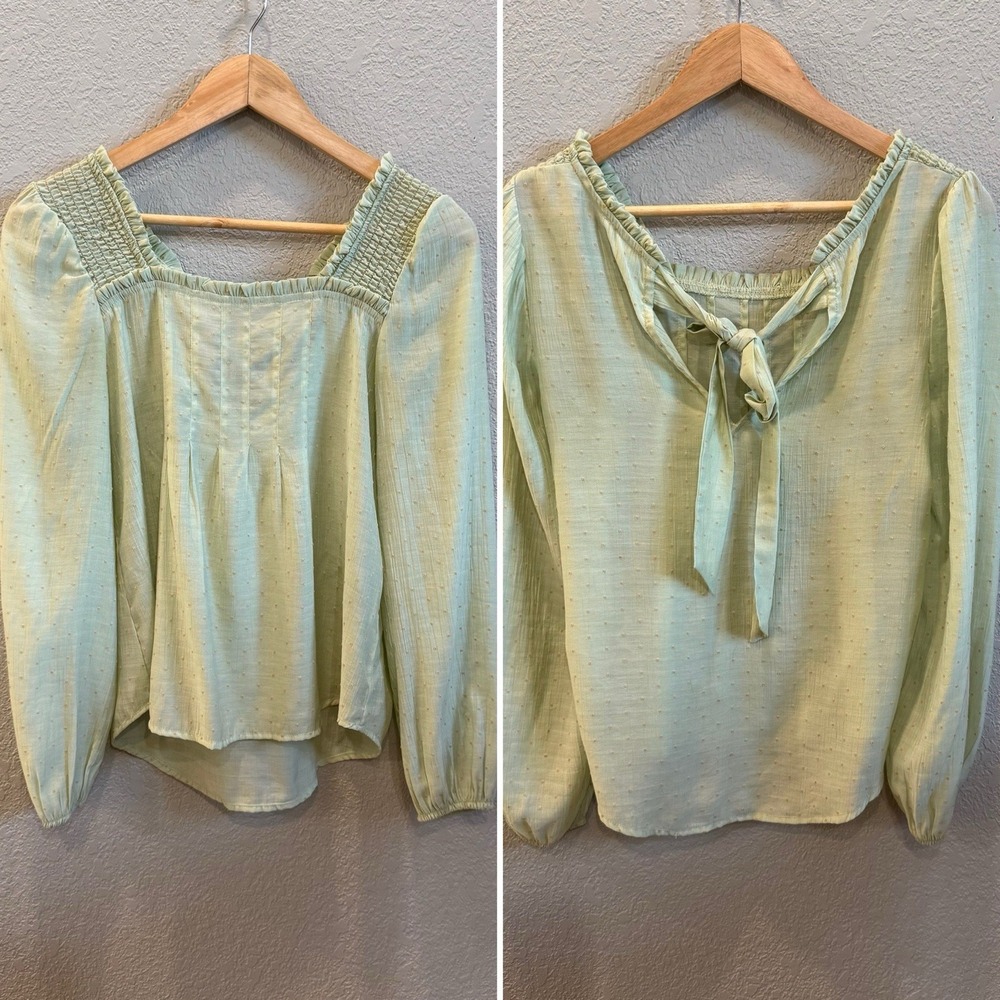 MINE Sage Polka Dot Blouse Smart Ruffle Women's Small